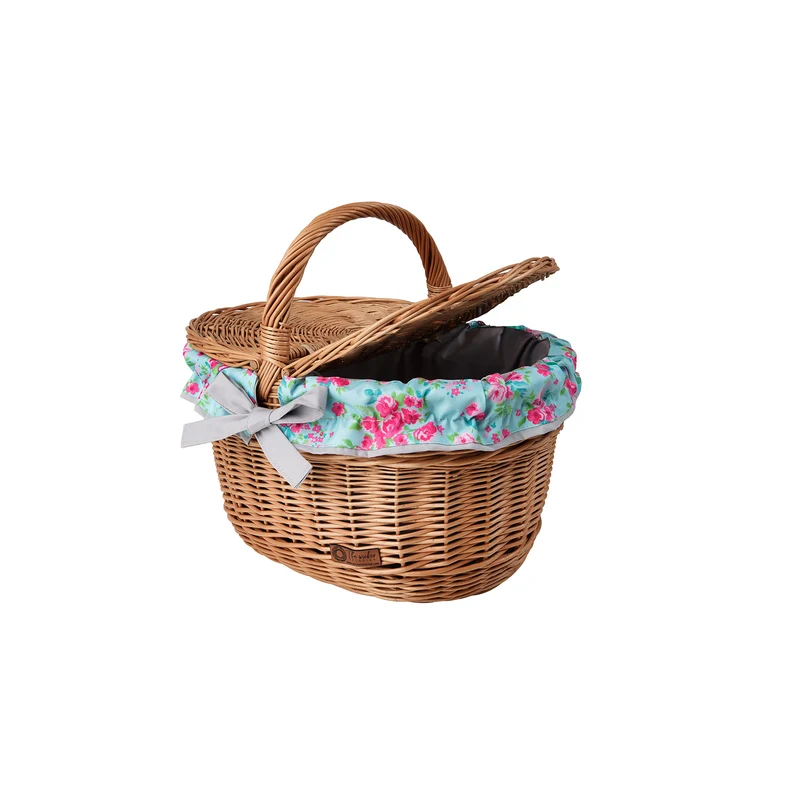 Kastalia wicker picnic basket with blue trim, with lid and handle TheWickerStories