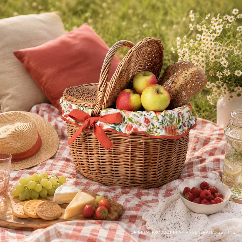 Kastalia wicker picnic basket with orange trim, with lid and handle TheWickerStories