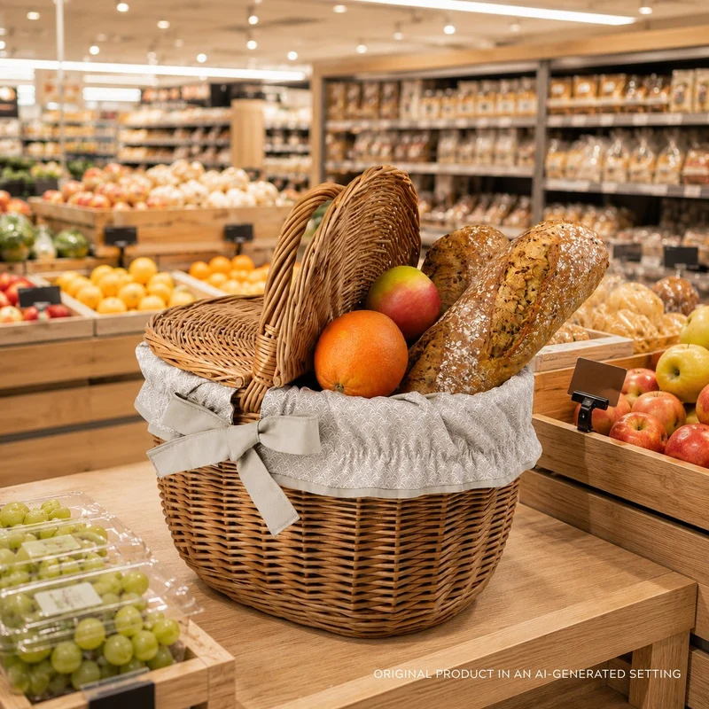 Kastalia wicker picnic basket with beige trim, with lid and handle TheWickerStories