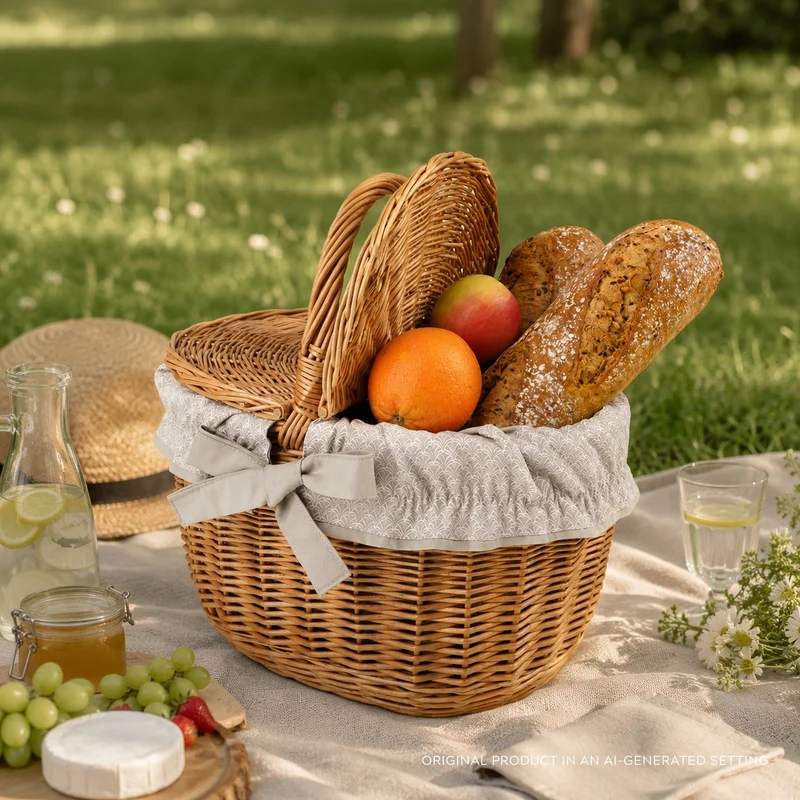 Kastalia wicker picnic basket with beige trim, with lid and handle TheWickerStories