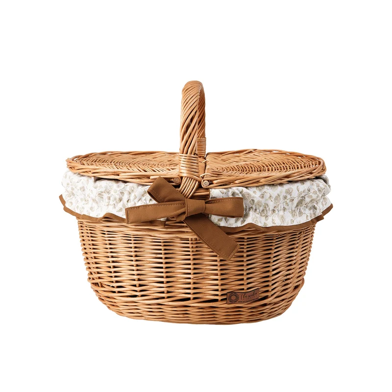 Kastalia wicker picnic basket with brown trim, with lid and handle TheWickerStories