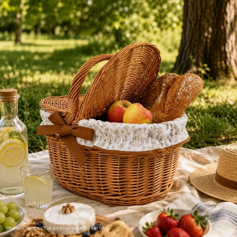 Kastalia wicker picnic basket with brown trim, with lid and handle TheWickerStories