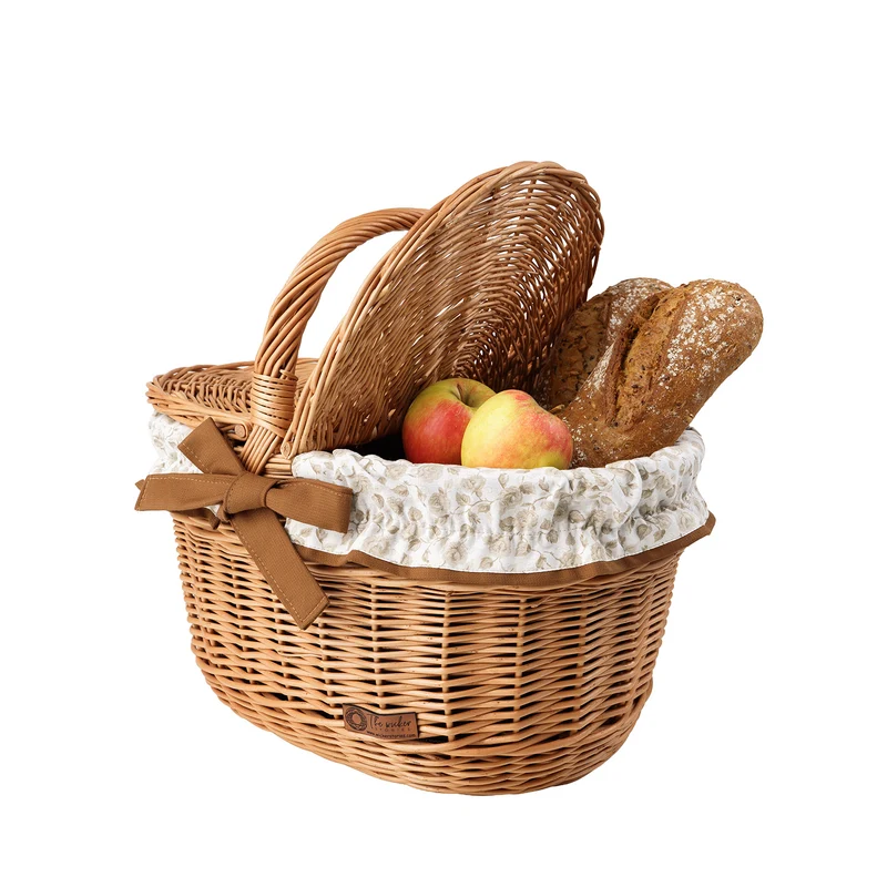Kastalia wicker picnic basket with brown trim, with lid and handle TheWickerStories