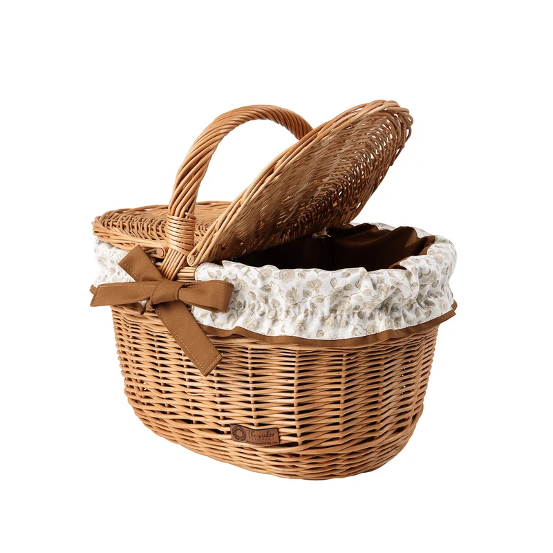 Kastalia wicker picnic basket with brown trim, with lid and handle TheWickerStories