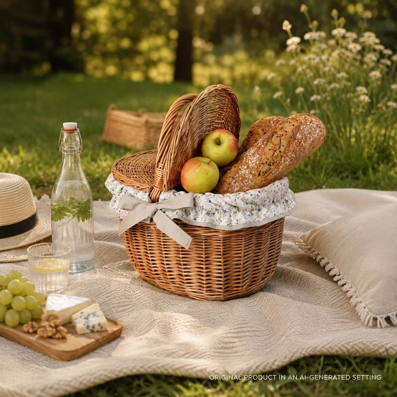 Kastalia wicker picnic basket with beige trim, with lid and handle TheWickerStories