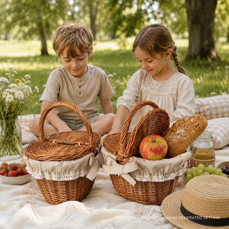 Kastalia wicker basket for children for picnic and play – set of 2, with beige trim, TheWickerStories
