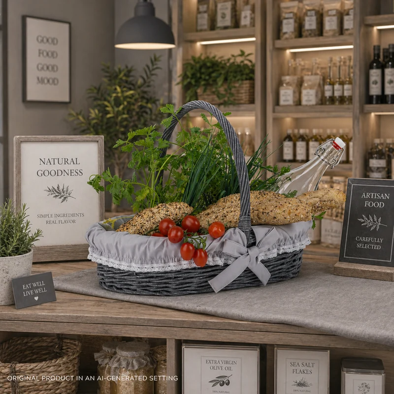 Zerena wicker display basket with gray trim TheWickerStories