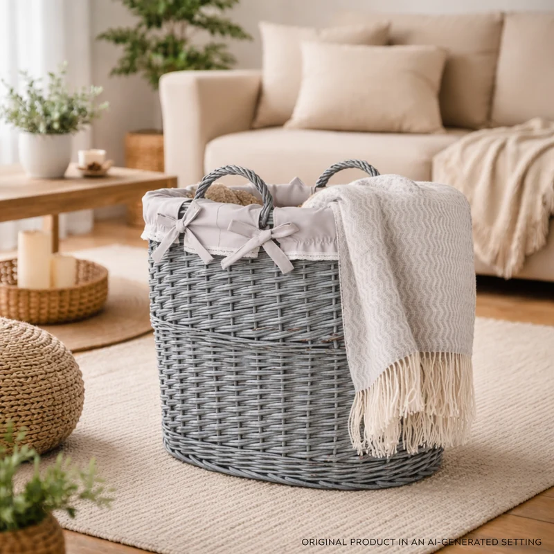 Celia wicker decorative storage basket with gray trim TheWickerStories