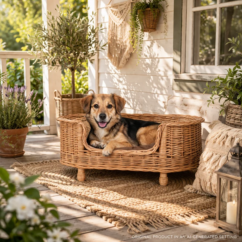 Esoria wicker pet basket with brown cushion TheWickerStories