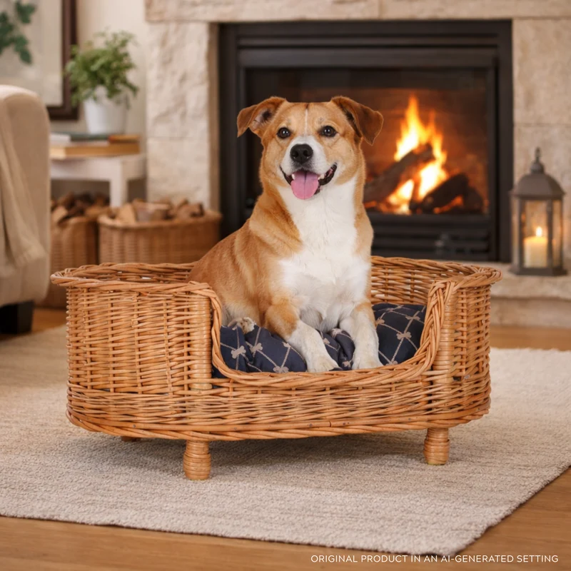 Esoria wicker pet basket with black cushion TheWickerStories