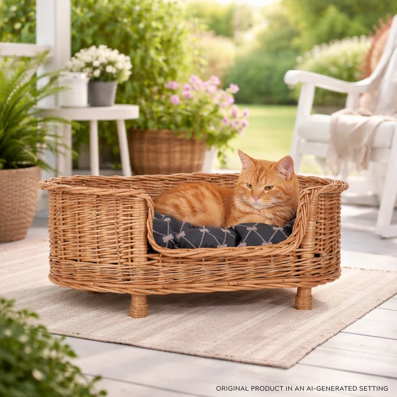 Esoria wicker pet basket with black cushion TheWickerStories