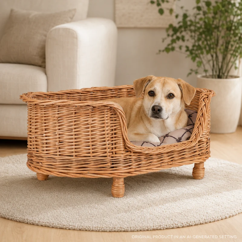 Esoria Wicker basket for pets with beige cushion TheWickerStories
