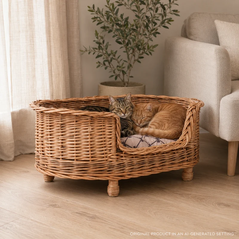 Esoria Wicker basket for pets with beige cushion TheWickerStories