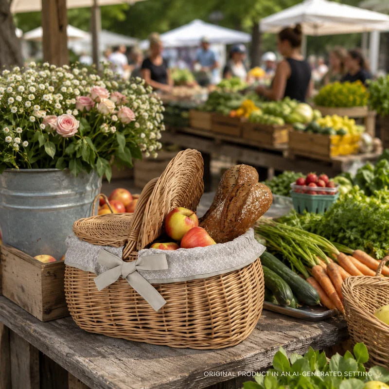 Kardia wicker picnic basket, shopping basket with lid and lining TheWickerStories