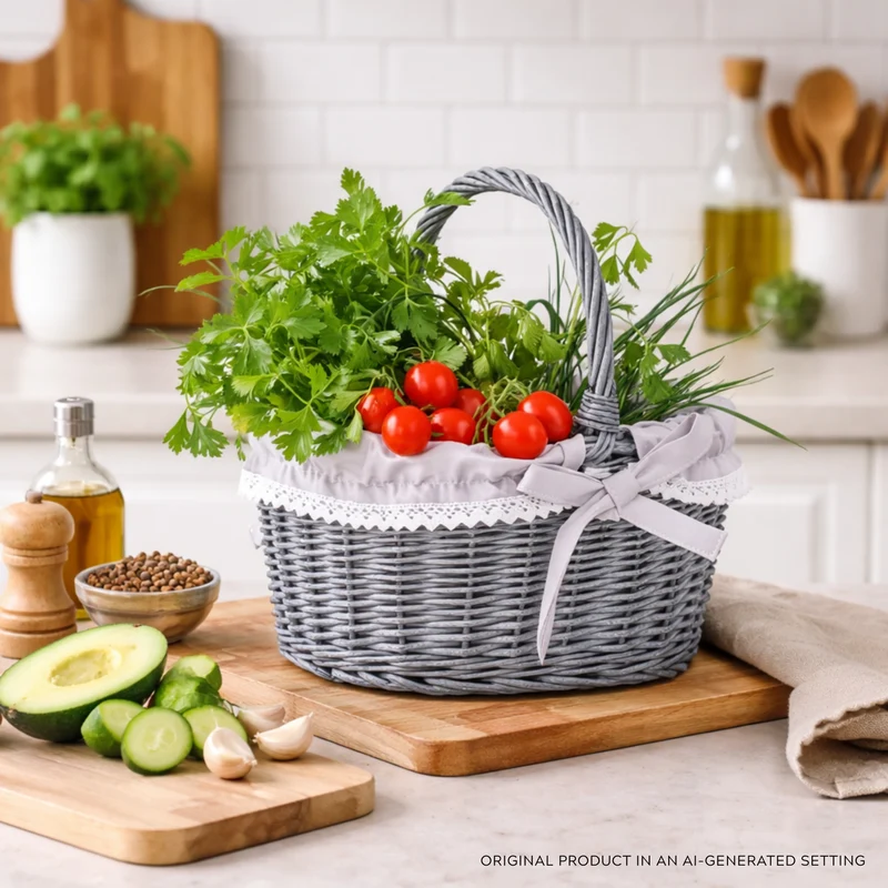 Winerissa wicker shopping basket with gray trim and handle from TheWickerStories