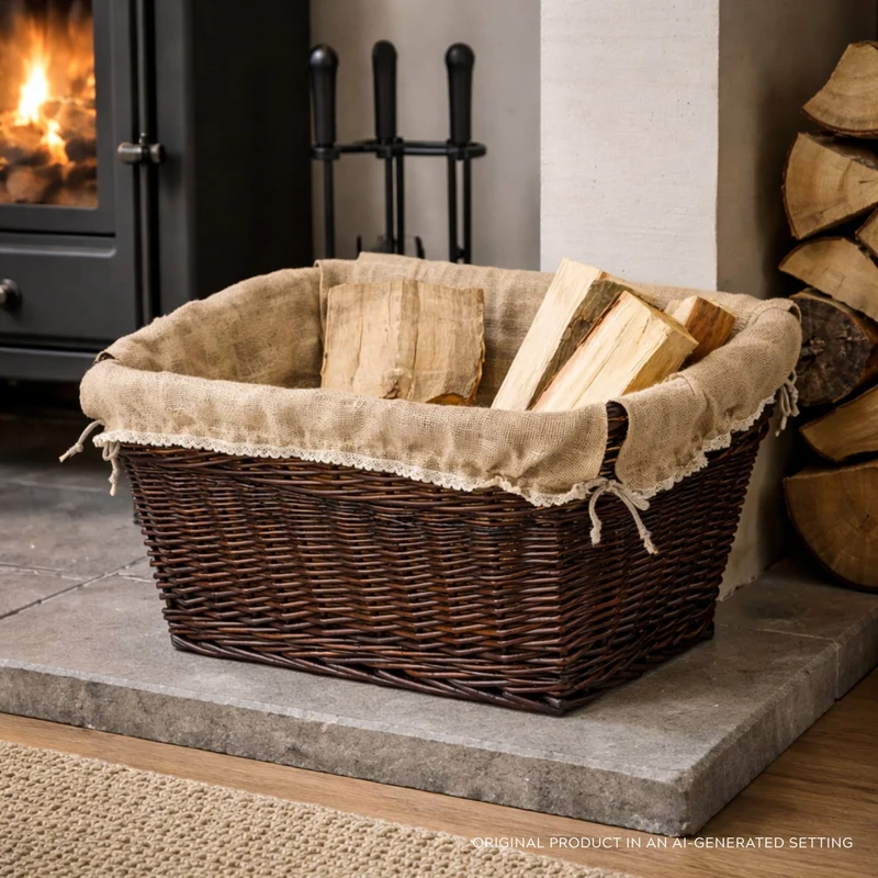 Mivella wicker firewood basket for fireplace with beige trim TheWickerStories