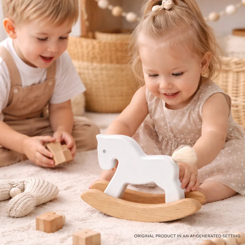Parvus white wooden rocking horse - toy for children TheWickerStories