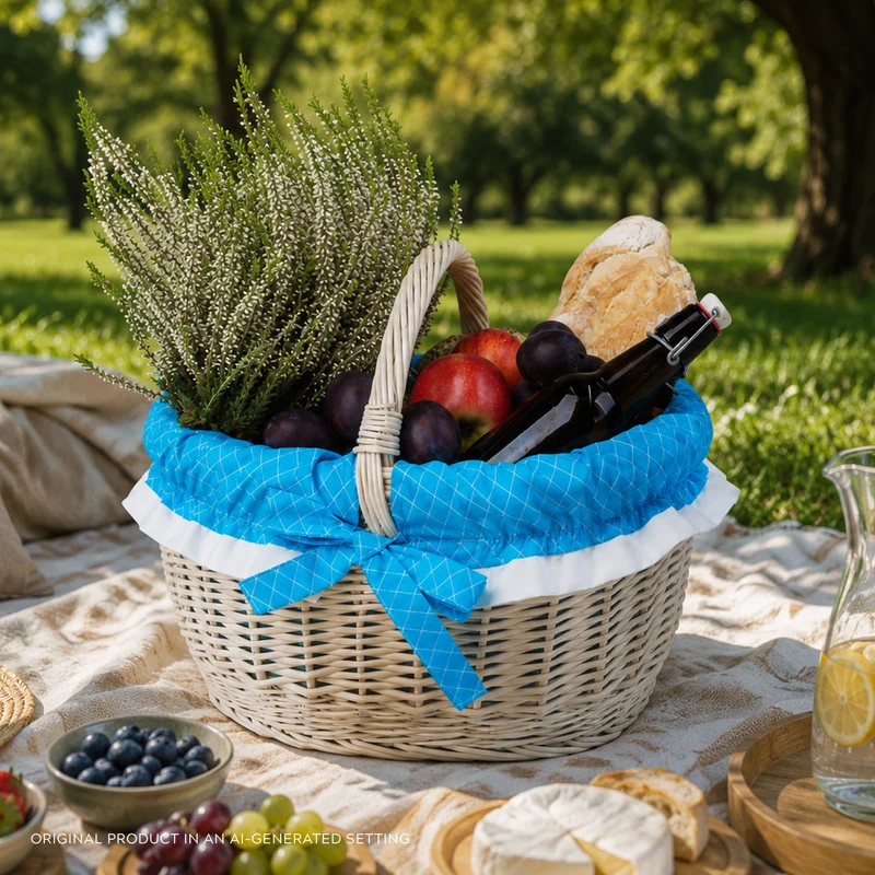 Werburga wicker shopping basket with blue trim and handle TheWickerStories