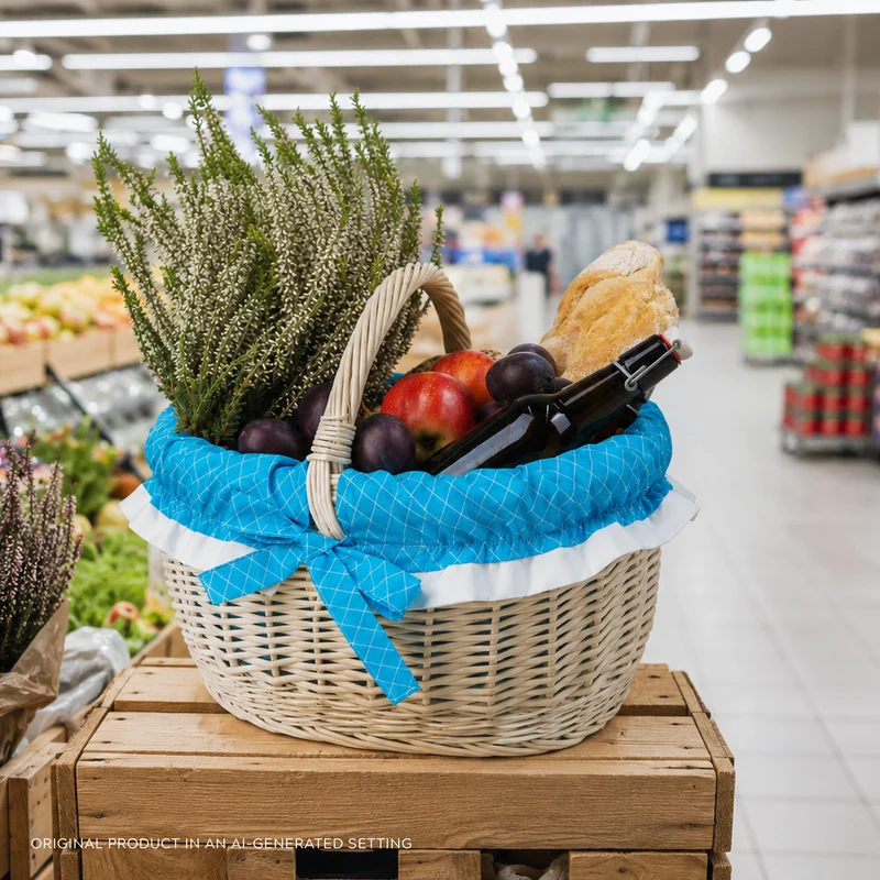 Werburga wicker shopping basket with blue trim and handle TheWickerStories