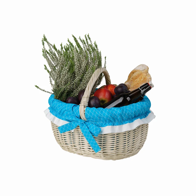 Werburga wicker shopping basket with blue trim and handle TheWickerStories
