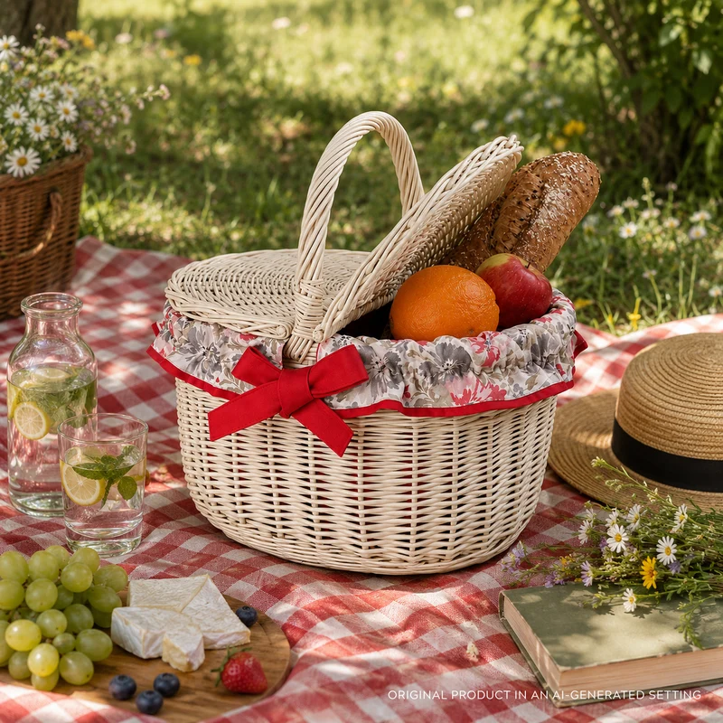 Werburga wicker shopping basket with red trim and handle TheWickerStories