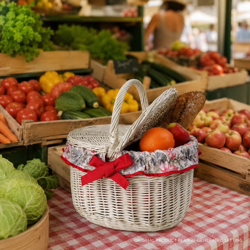 Werburga wicker shopping basket with red trim and handle TheWickerStories