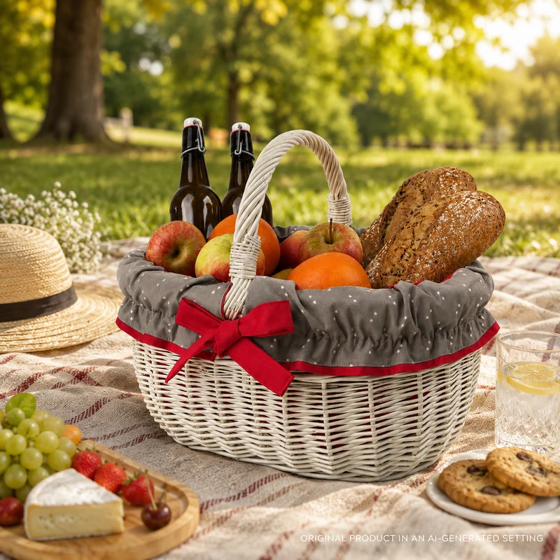 Werburga wicker shopping basket with red trim and a TheWickerStories handle