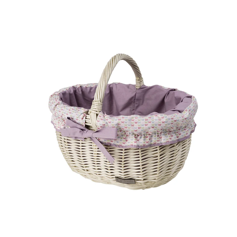 Werburga wicker shopping basket with purple trim and handle from TheWickerStories