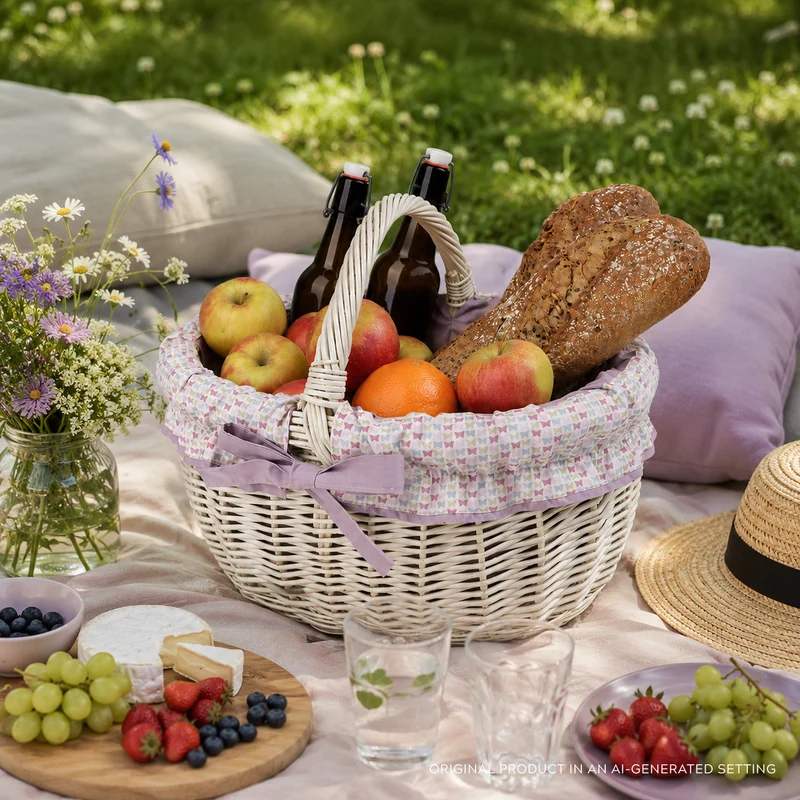 Werburga wicker shopping basket with purple trim and handle from TheWickerStories