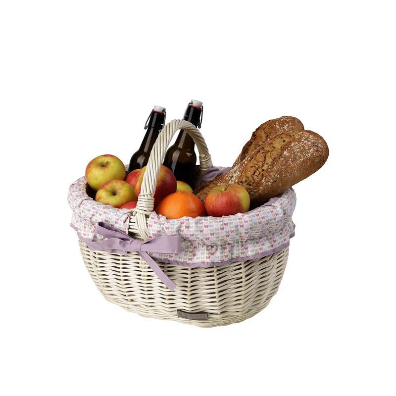 Werburga wicker shopping basket with purple trim and handle from TheWickerStories