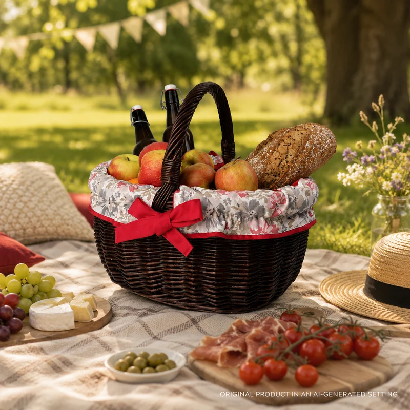 Werburga wicker shopping basket with red trim and handle TheWickerStories