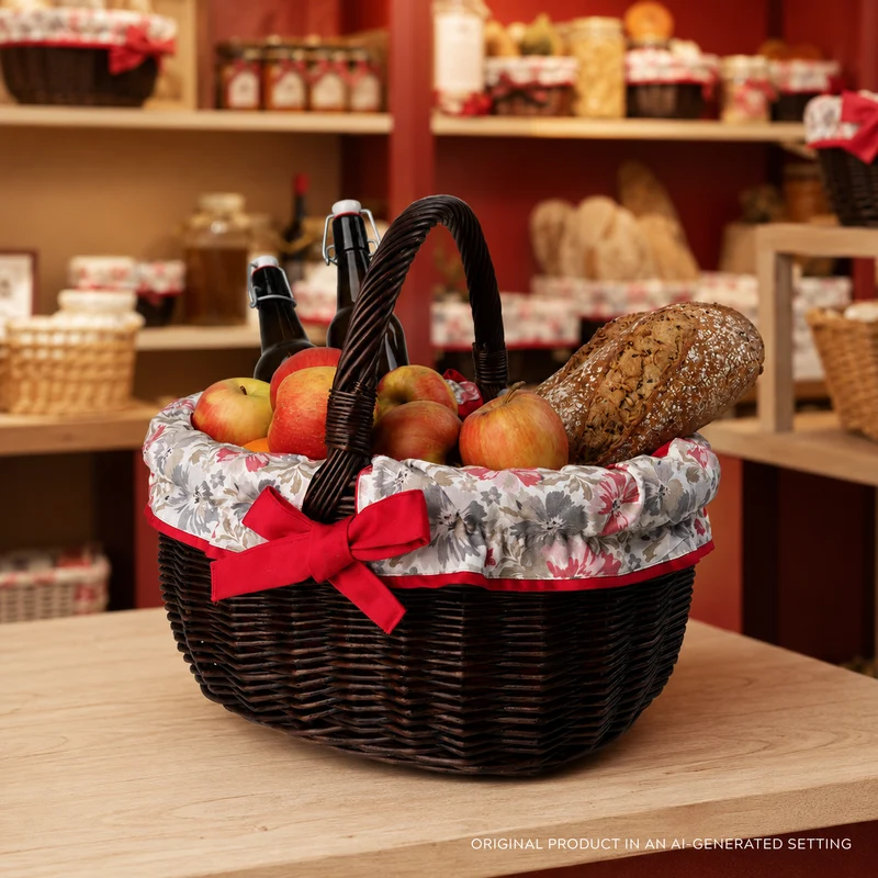 Werburga wicker shopping basket with red trim and handle TheWickerStories