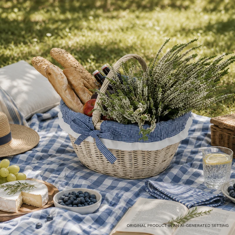 Walerissa wicker shopping basket with navy trim and handle TheWickerStories