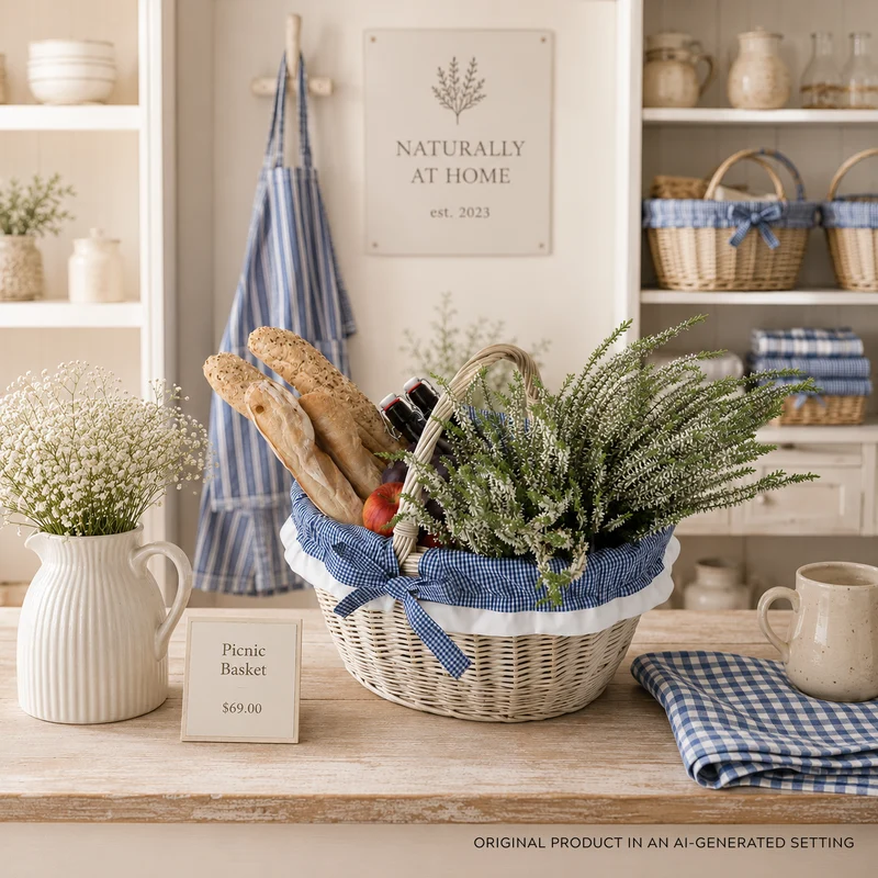 Walerissa wicker shopping basket with navy trim and handle TheWickerStories