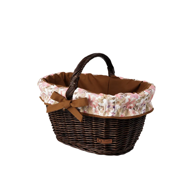 Walerissa wicker shopping basket with brown trim and TheWickerStories handle