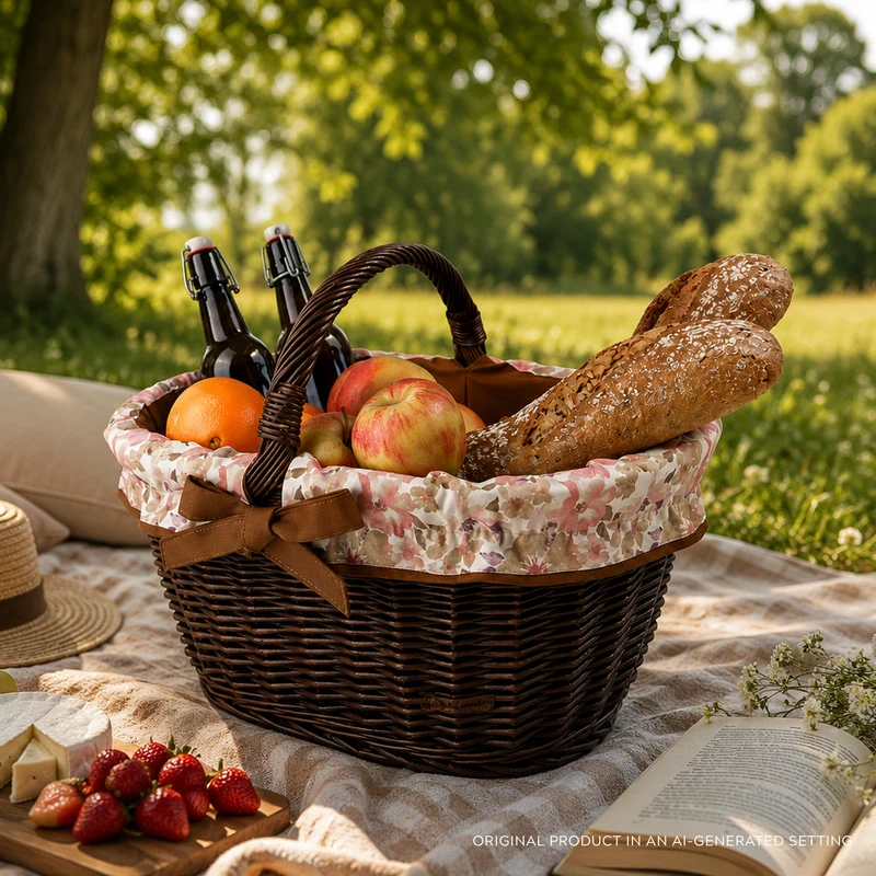 Walerissa wicker shopping basket with brown trim and TheWickerStories handle