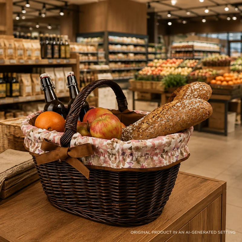 Walerissa wicker shopping basket with brown trim and TheWickerStories handle