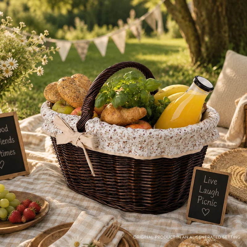 Walerissa wicker shopping basket with beige trim and TheWickerStories handle