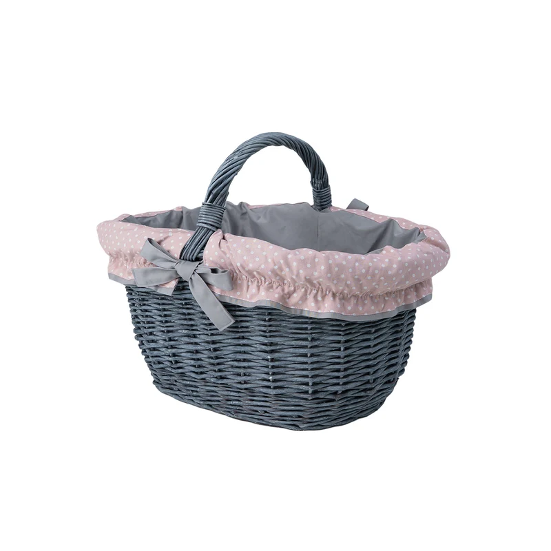 Walerissa wicker shopping basket with gray-pink trim and handle by TheWickerStories