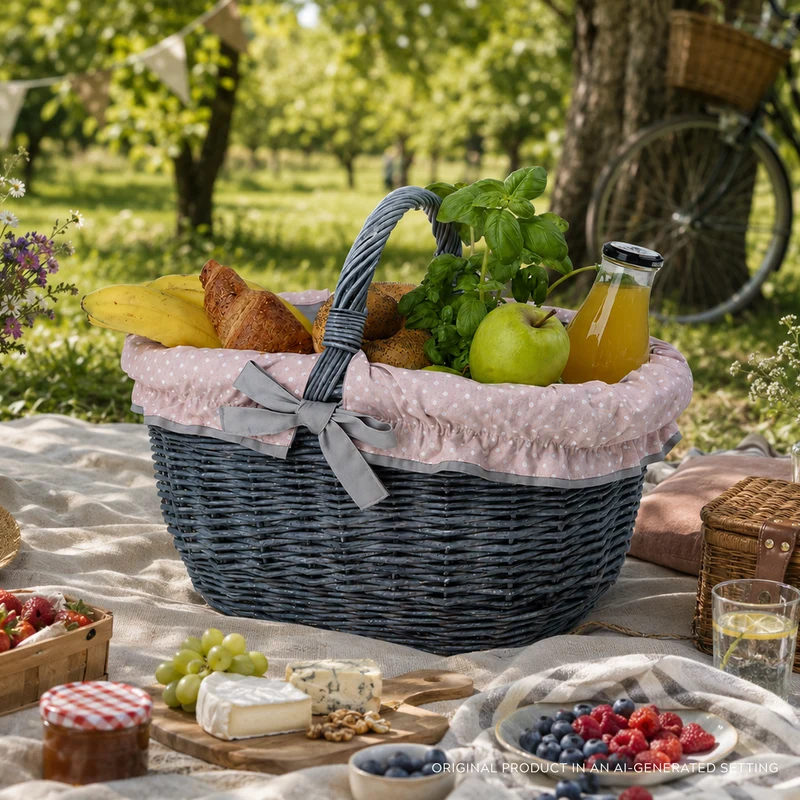 Walerissa wicker shopping basket with gray-pink trim and handle by TheWickerStories