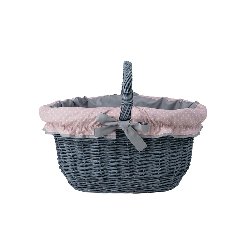 Walerissa wicker shopping basket with gray-pink trim and handle by TheWickerStories