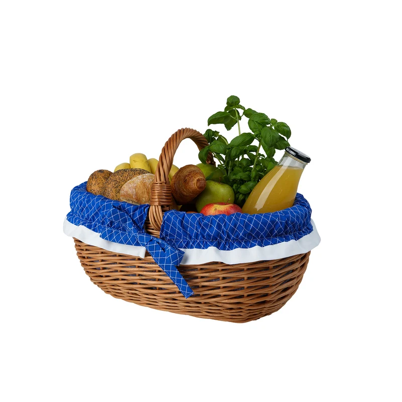 Felis wicker shopping basket with blue trim and handle TheWickerStories