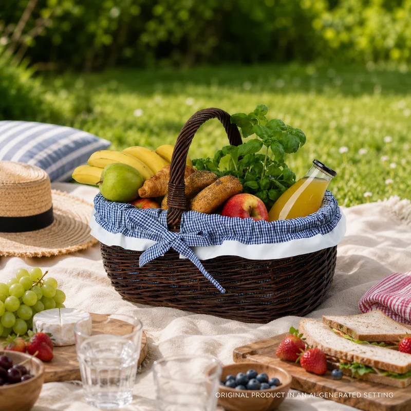 Felis wicker shopping basket with navy trim and handle from TheWickerStories