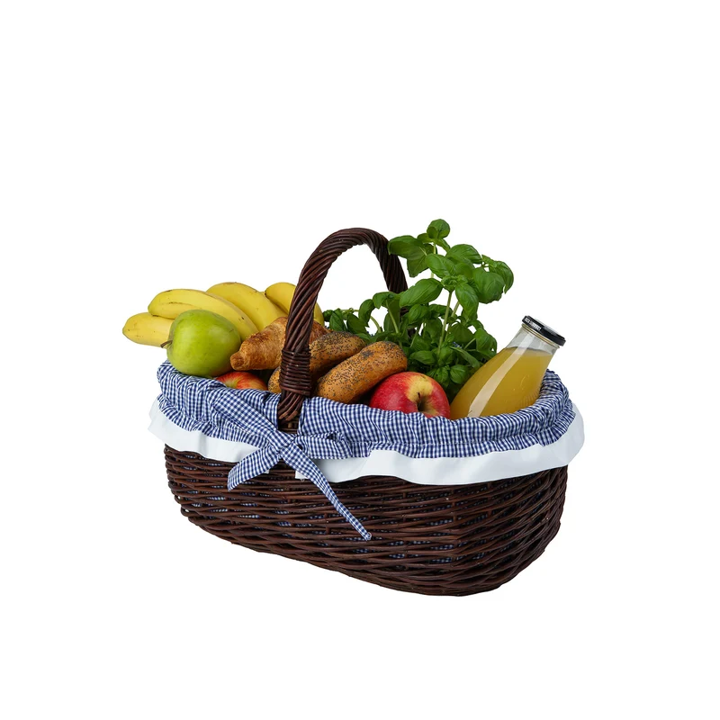 Felis wicker shopping basket with navy trim and handle from TheWickerStories