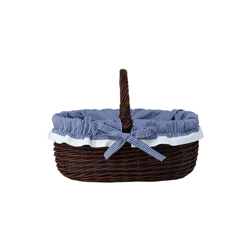 Felis wicker shopping basket with navy trim and handle from TheWickerStories