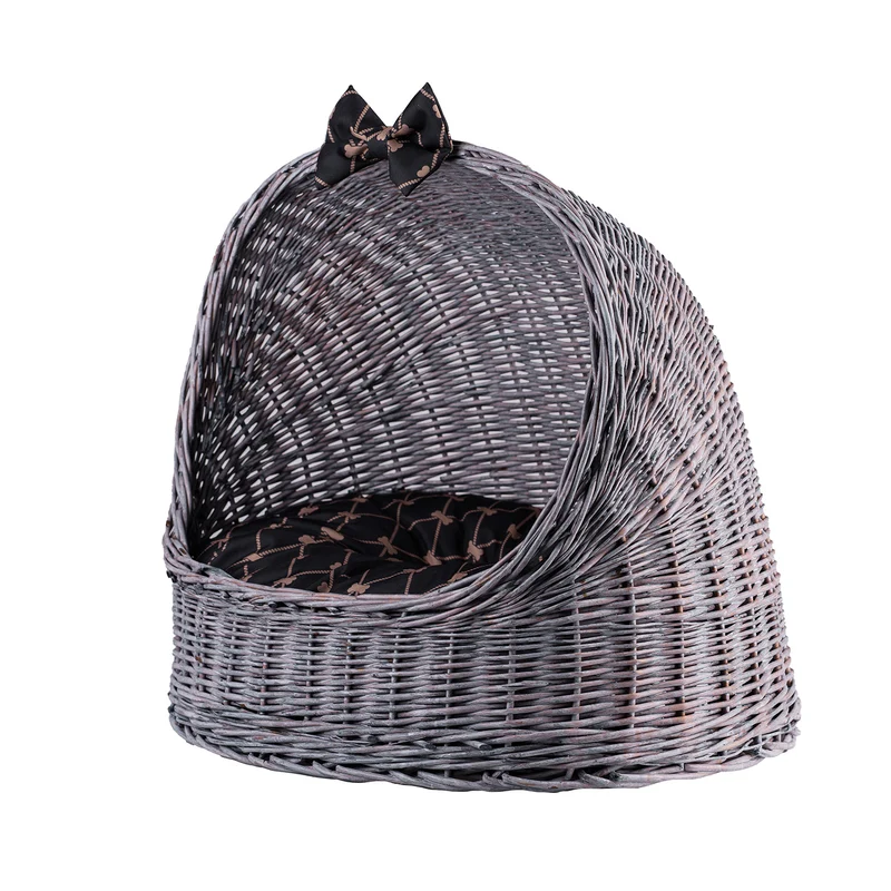 Elsa wicker pet house for cat and small dog with cushion TheWickerStories
