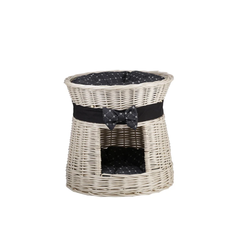 Eralis wicker cat house with cushions and a bow, two-story TheWickerStories