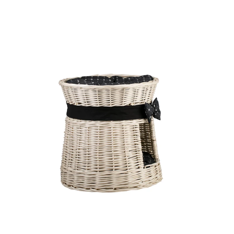Eralis wicker cat house with cushions and a bow, two-story TheWickerStories