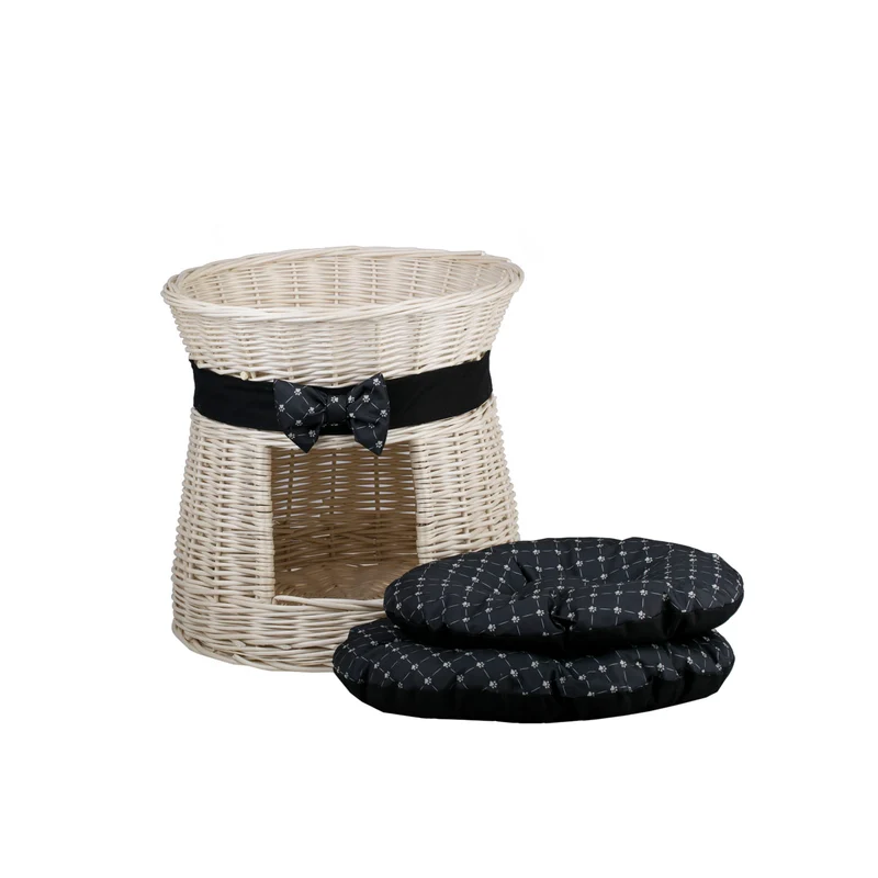 Eralis wicker cat house with cushions and a bow, two-story TheWickerStories
