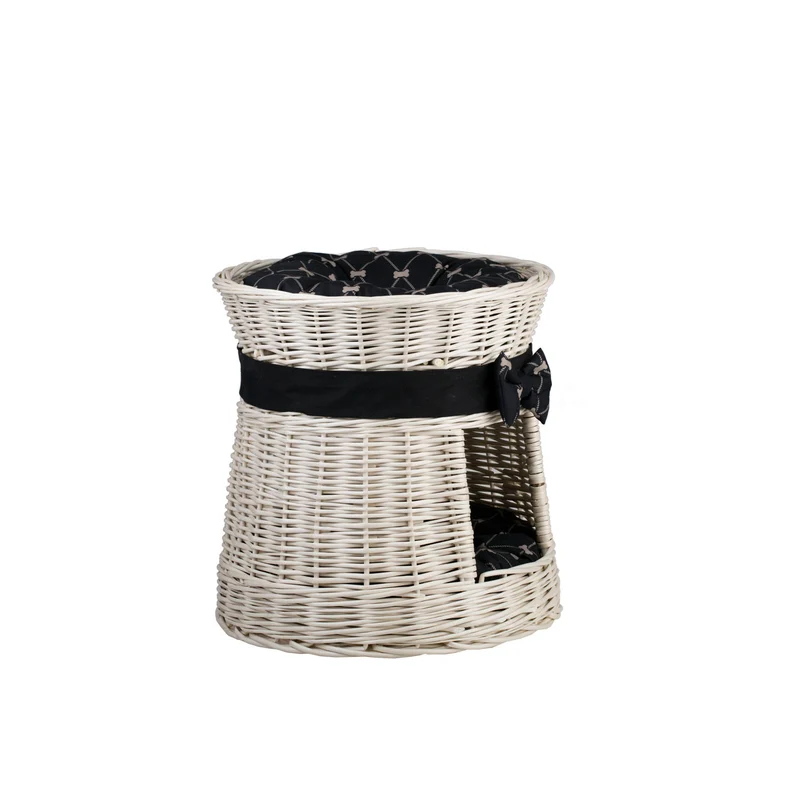 Eralis two-tier wicker cat house with two cushions and a bow TheWickerStories
